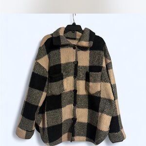 SHEIN Black and Tan Plaid Teddy Jacket